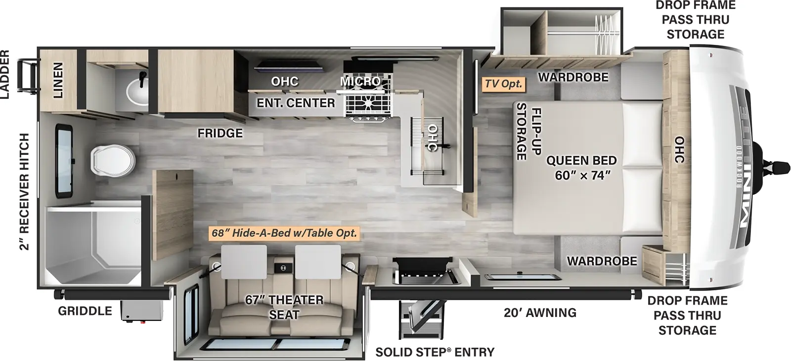 The 2518S has two slideouts and one entry. Exterior features front drop frame pass-thru storage, 19 foot awning, solid step entry, griddle, rear ladder, and 2 inch receiver hitch. Interior layout front to back: foot-facing queen bed with flip-up storage, overhead cabinet, door side wardrobe, and off-door side wardrobe slideout (TV optional); kitchen counter wraps from inner wall to off-door side with sink, overhead cabinet, microwave, cooktop, entertainment center and refrigerator; door side entry, and slideout with theater seating and tables (hide-a-bed with table optional); rear full bathroom with linen closet.